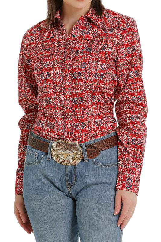 CINCH WOMEN'S RED GEOMETRIC PRINT LONG SLEEVE SHIRT