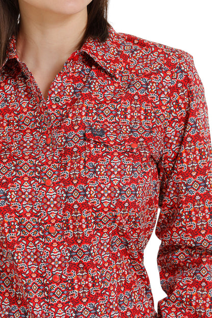 CINCH WOMEN'S RED GEOMETRIC PRINT LONG SLEEVE SHIRT