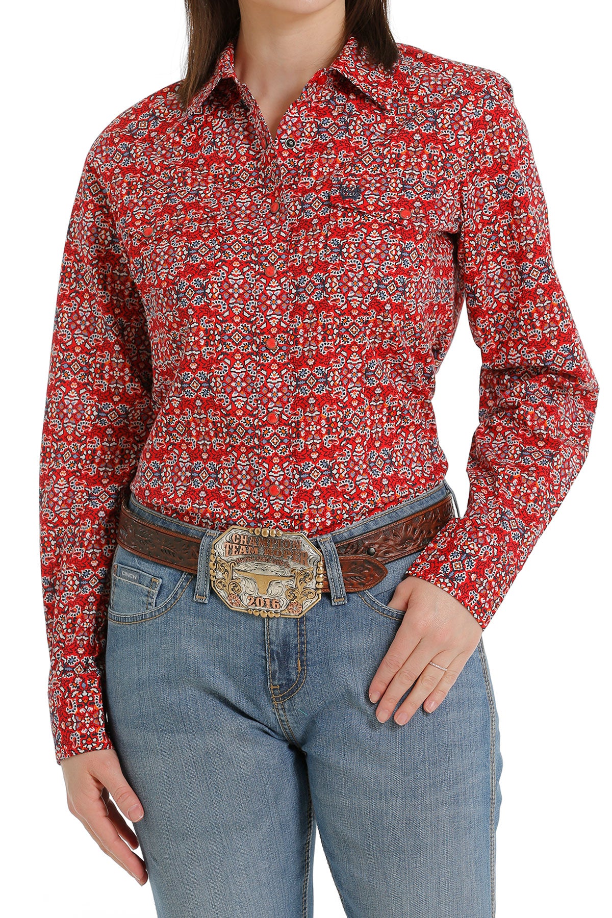 CINCH WOMEN'S RED GEOMETRIC PRINT LONG SLEEVE SHIRT