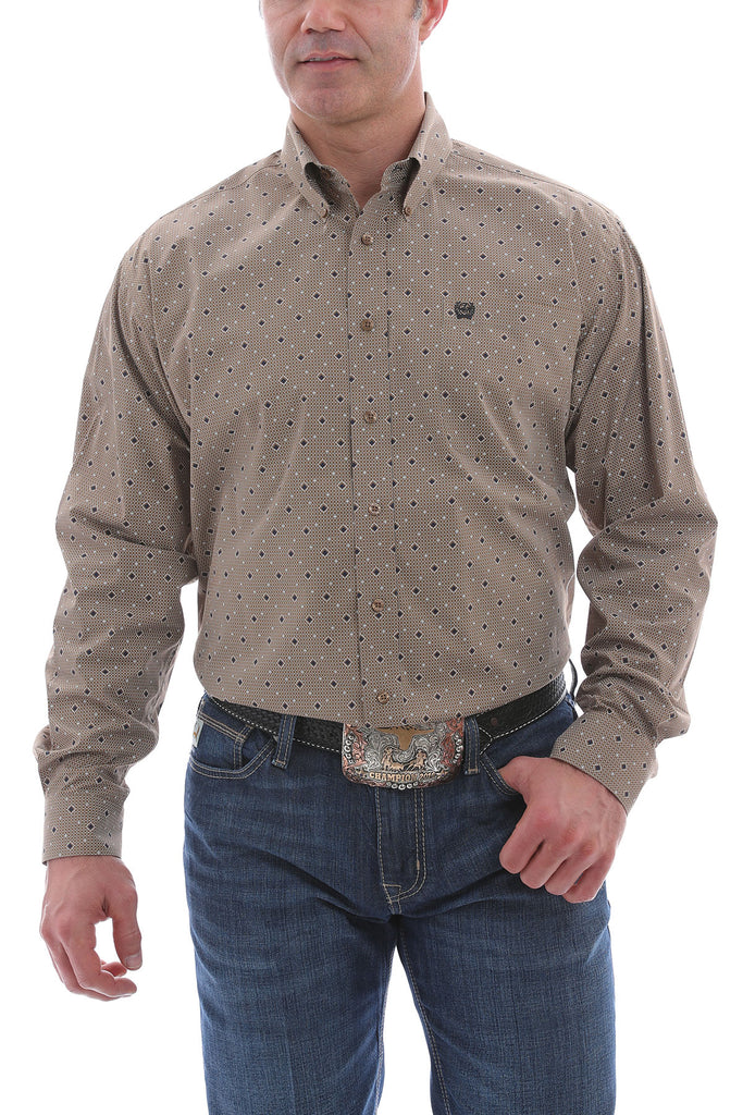 CINCH BROWN DIAMOND PRINT LONG SLEEVE SHIRT