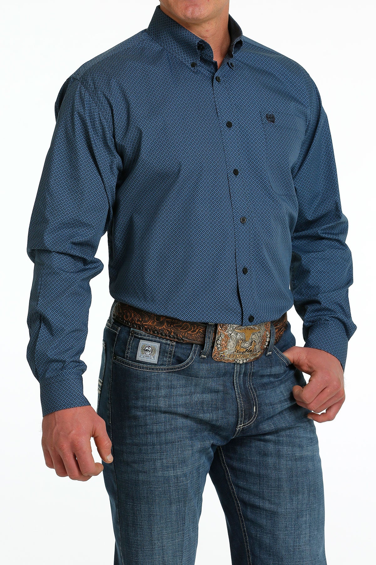 CINCH MEN'S BLUE GEO PRINT LONG SLEEVE SHIRT