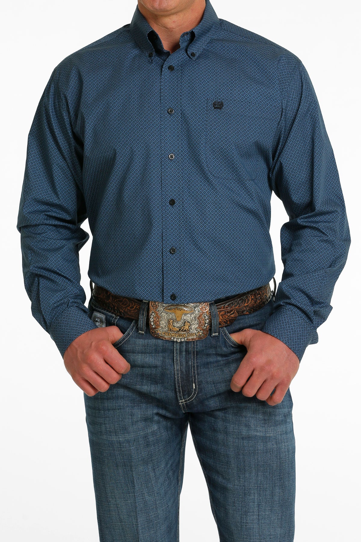 CINCH MEN'S BLUE GEO PRINT LONG SLEEVE SHIRT