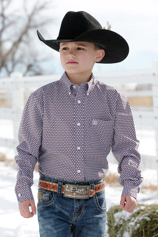 CINCH PURPLE GEOMETRIC PRINT BOYS LONG SLEEVE SHIRT