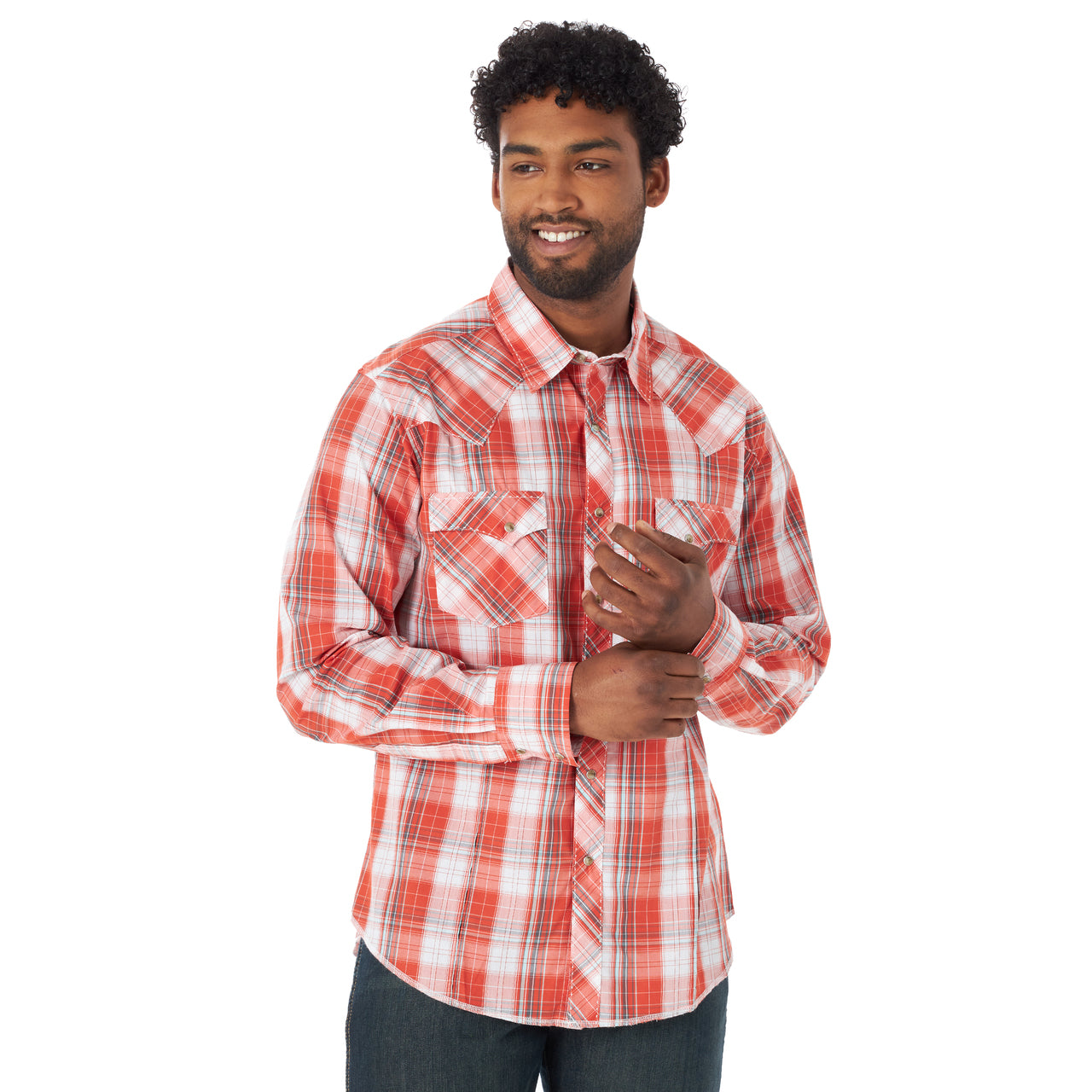 WRANGLER CORAL PLAID LONG SLEEVE SNAP SHIRT