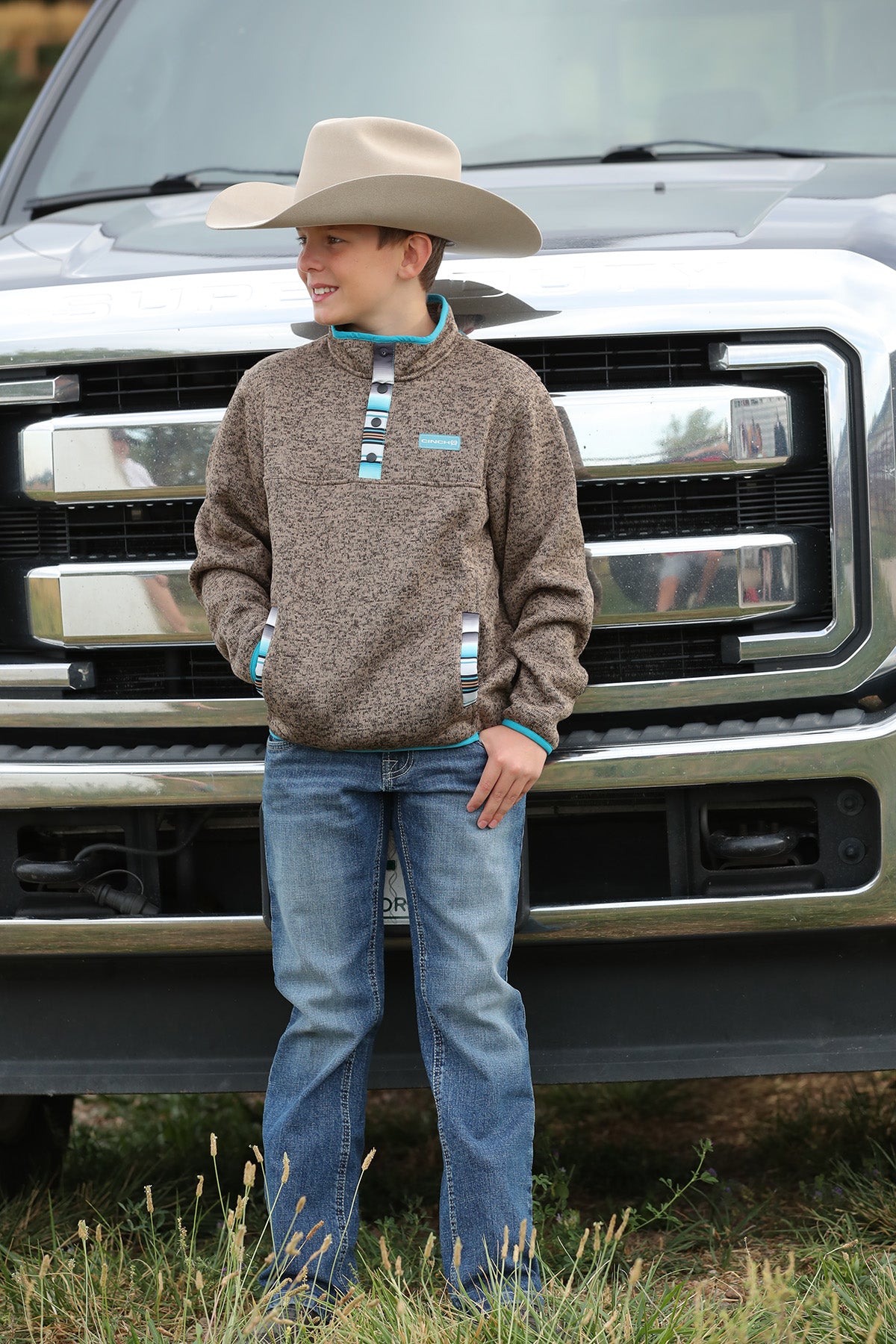CINCH HEATHERED BROWN TURQUOISE STRIPED FLEECE PULLOVER