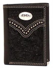 NOCONA BLACK LEATHER EMBOSSED STUDDED TRIFOLD WALLET