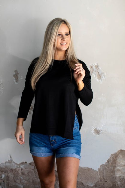 BLACK LONG SLEEVE DROP SHOULDER SIDE SLIT HI LOW PULLOVER