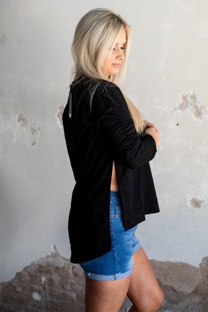 BLACK LONG SLEEVE DROP SHOULDER SIDE SLIT HI LOW PULLOVER