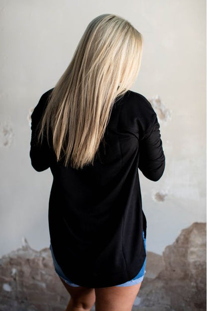 BLACK LONG SLEEVE DROP SHOULDER SIDE SLIT HI LOW PULLOVER