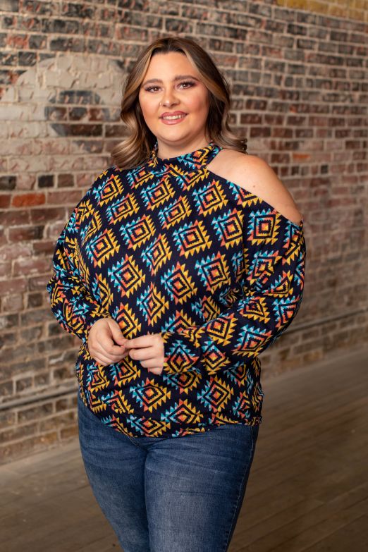 NAVY AND YELLOW HIGH NECK PULLOVER TOP