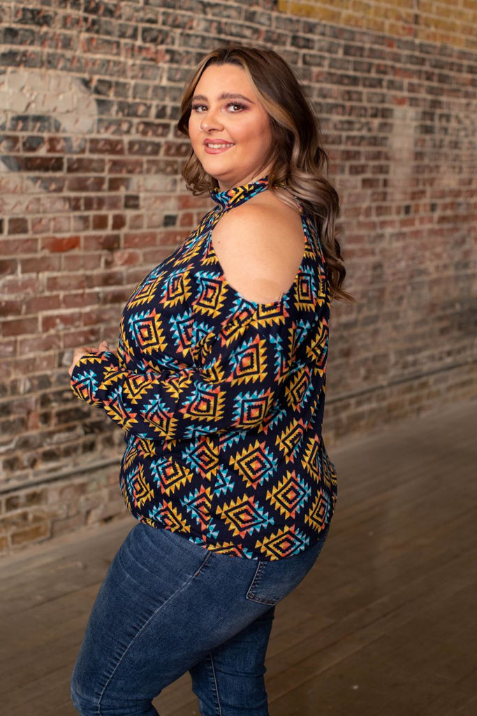 NAVY AND YELLOW HIGH NECK PULLOVER TOP