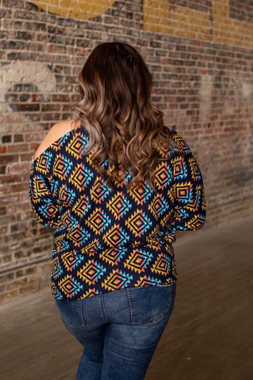 NAVY AND YELLOW HIGH NECK PULLOVER TOP
