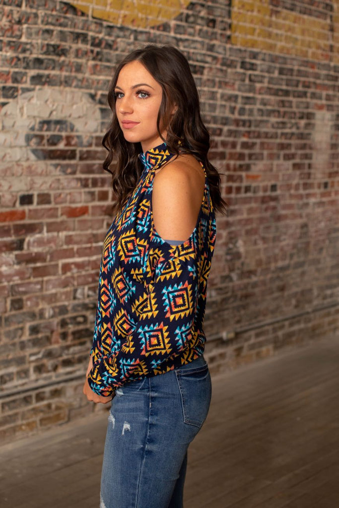 NAVY AND YELLOW HIGH NECK PULLOVER TOP