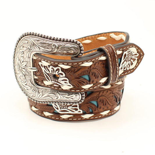 NOCONA GIRLS BELT FLORAL PIERCED TURQUOISE