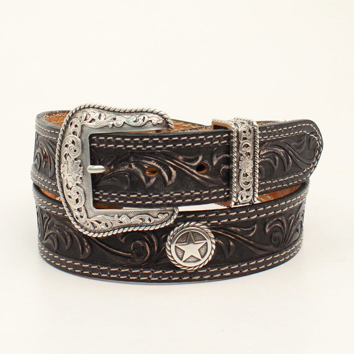 NOCONA BLACK FLORAL EMBOSSED STAR CONCHO BELT