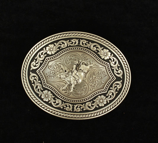 Rope Edge Scroll Bull Rider Motif Oval Buckle