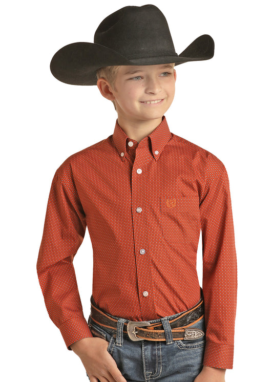 PANHANDLE SLIM RUST GEO PRINT LONG SLEEVE SHIRT