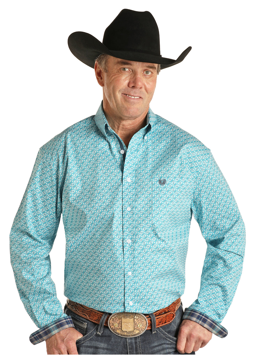 MENS LONG SLEEVE BUTTON DOWN TEAL RS PRINT