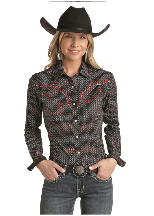 PANHANDLE LADIES CARD PRINT CONTRAST EMBROIDERY SNAP SHIRT