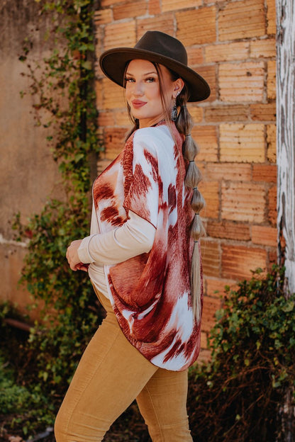BROWN TONE DEER PRINTED CHIFFON DOLMAN SLEEVE WRAP