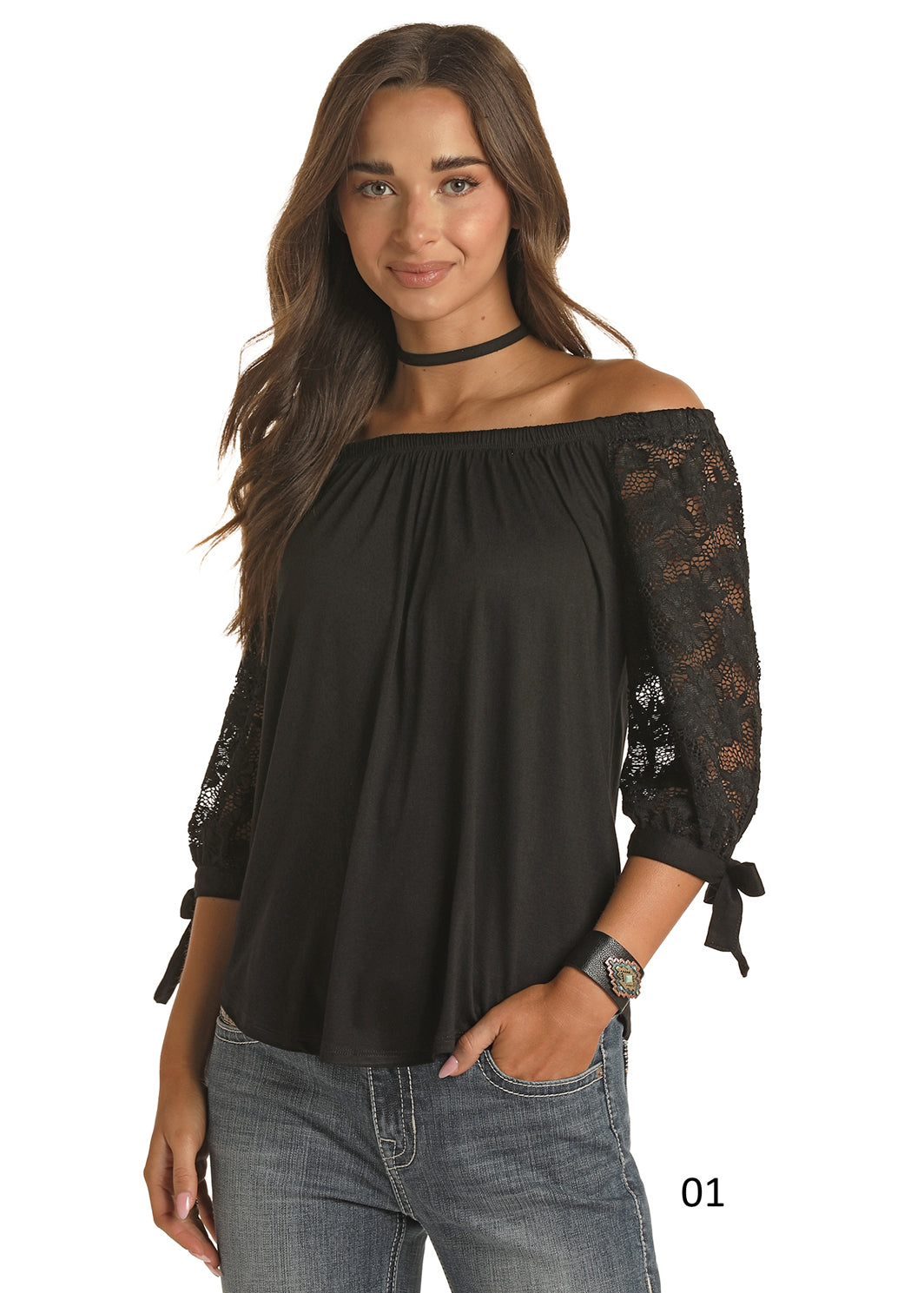 PANHANDLE OFF THE SHOULDER LACE TRIM TOP
