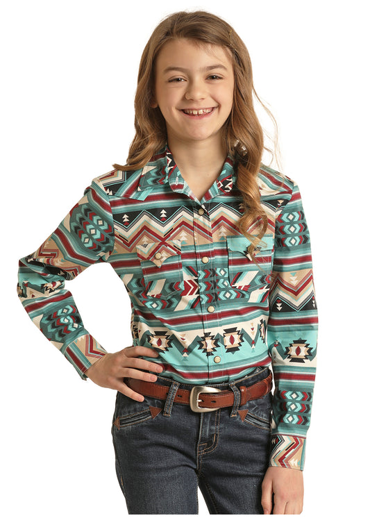 ROCK & ROLL GIRLS BURGUNDY AZTEC SNAP SHIRT