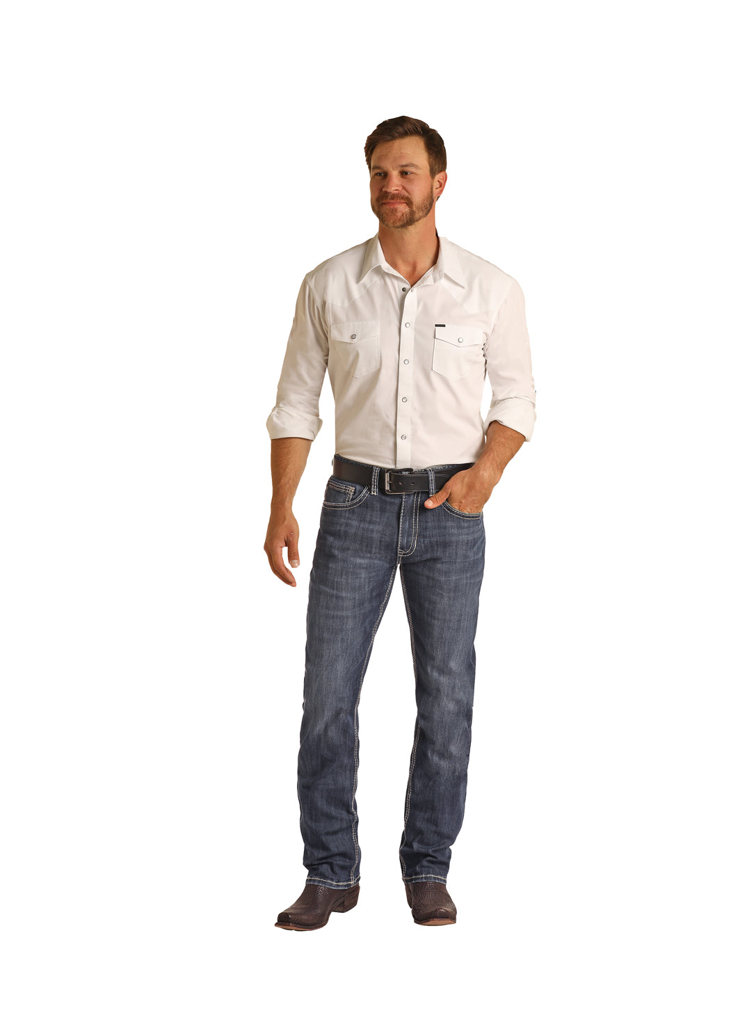 ROCK & ROLL LADDER STITCH V POCKET DOUBLE BARREL STACKABLE BOOT JEAN