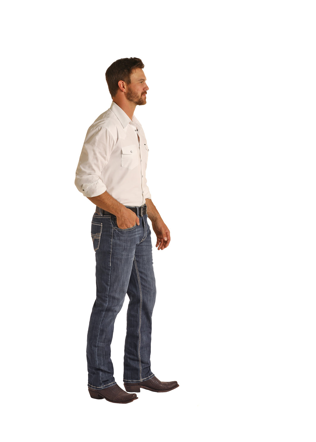 ROCK & ROLL LADDER STITCH V POCKET DOUBLE BARREL STACKABLE BOOT JEAN
