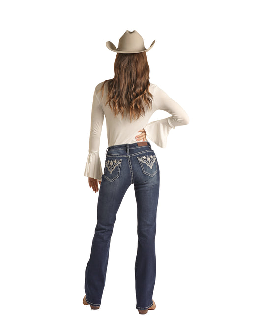 Rock & Roll Blue Aztec Mid Rise Bootcut Jean