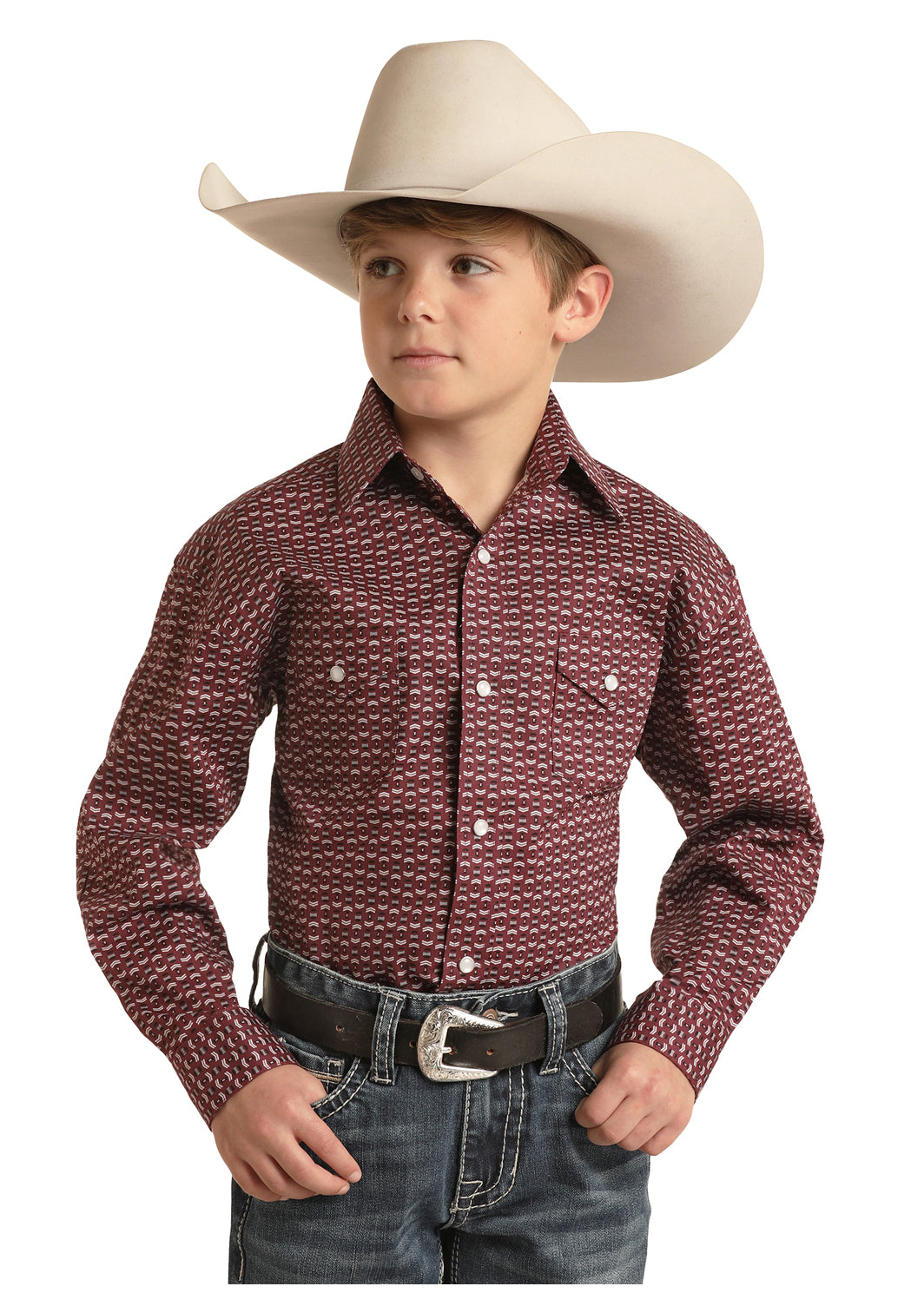PANHANDLE BOYS BURGUNDY GEO PRINT SHIRT
