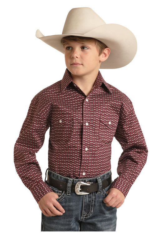 PANHANDLE BOYS BURGUNDY GEO PRINT SHIRT
