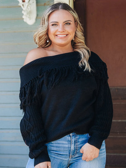 TOTAL FRILL OFF THE SHOULDER FRINGE SWEATER IN BLACK