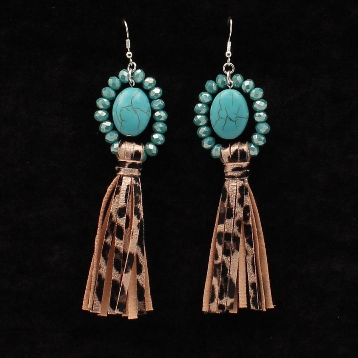 TURQUOISE STONE LEOPARD TASSEL EARRINGS