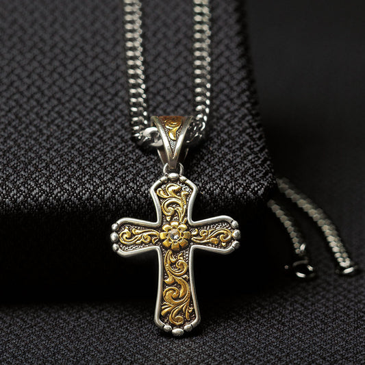 Antique Gold Floral Cross Necklace