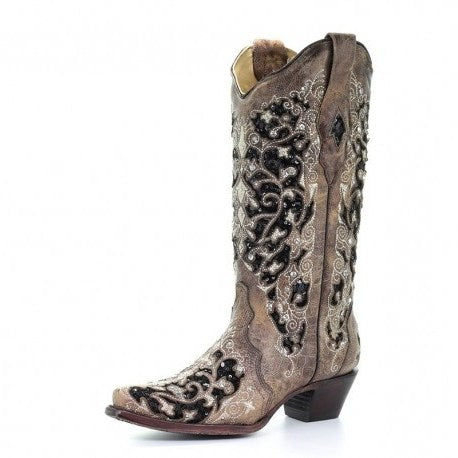 CORRAL LADIES BROWN FLORAL/BLACK SEQUIN INLAY BOOT