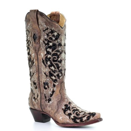 CORRAL LADIES BROWN FLORAL/BLACK SEQUIN INLAY BOOT