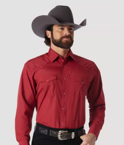 Wrangler Dobby Stripe Wine Long Sleeve Shirt