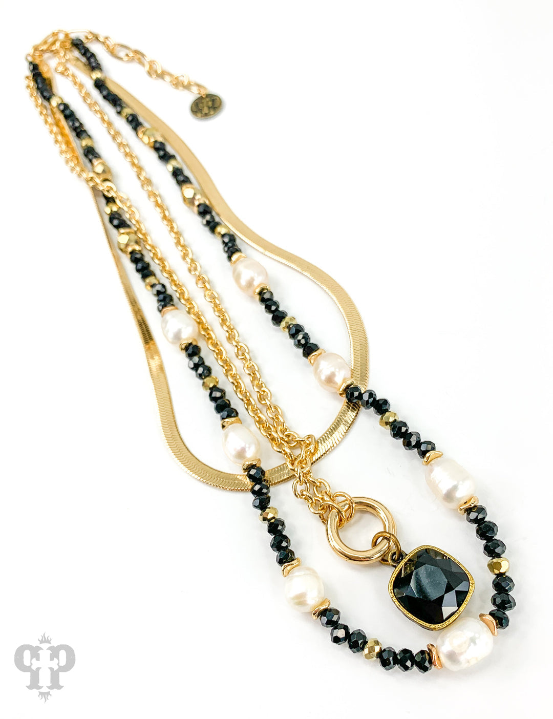 PEARL GOLD CHAIN BLACK CRYSTAL DROP NECKLACE