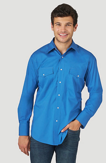 WRANGLER WRINKLE RESIST BLUE LONG SLEEVE SNAP SHIRT