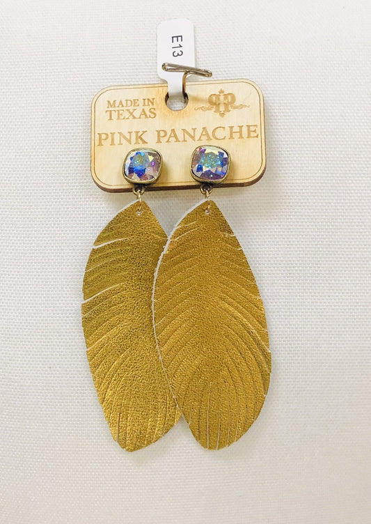 PINK PINACHE GOLD METALLIC LEATHER FEATHER EARRINGS