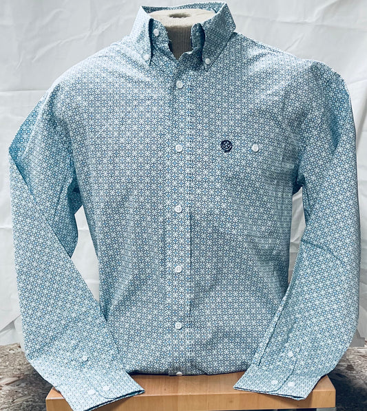 WRANGLER MENS GEORGE STRAIT BLUE GEOMETRIC PRINT LONG SLEEVE