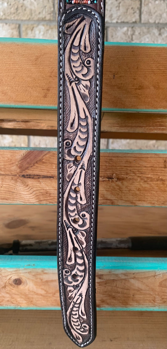 BROWN TOOLED BEADED AZTEC BELT