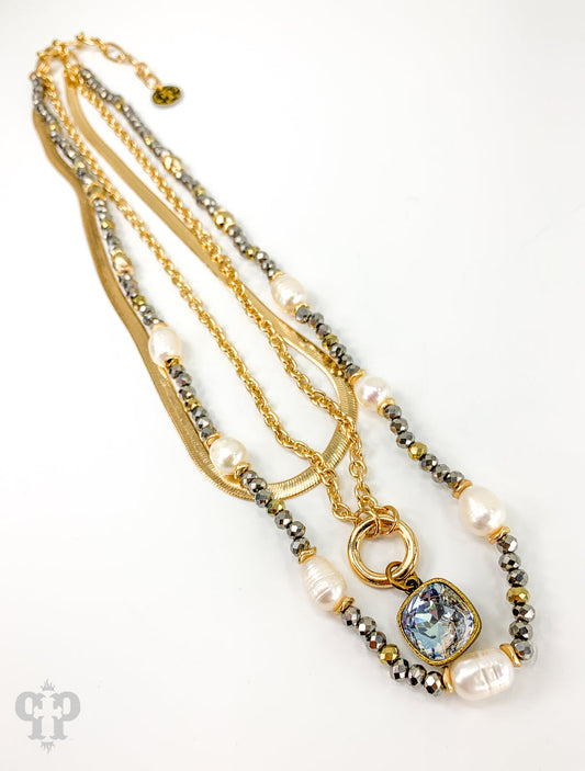 PEARL GOLD CHAIN CRYSTAL DROP NECKLACE