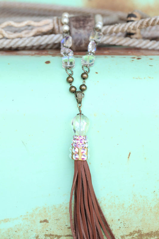 PINK PANACHE BRONZE PEARL AB BEAD LEATHER TASSEL NECKLACE