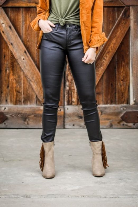 BLACK FAUX LEATHER MID RISE SKINNY PANTS