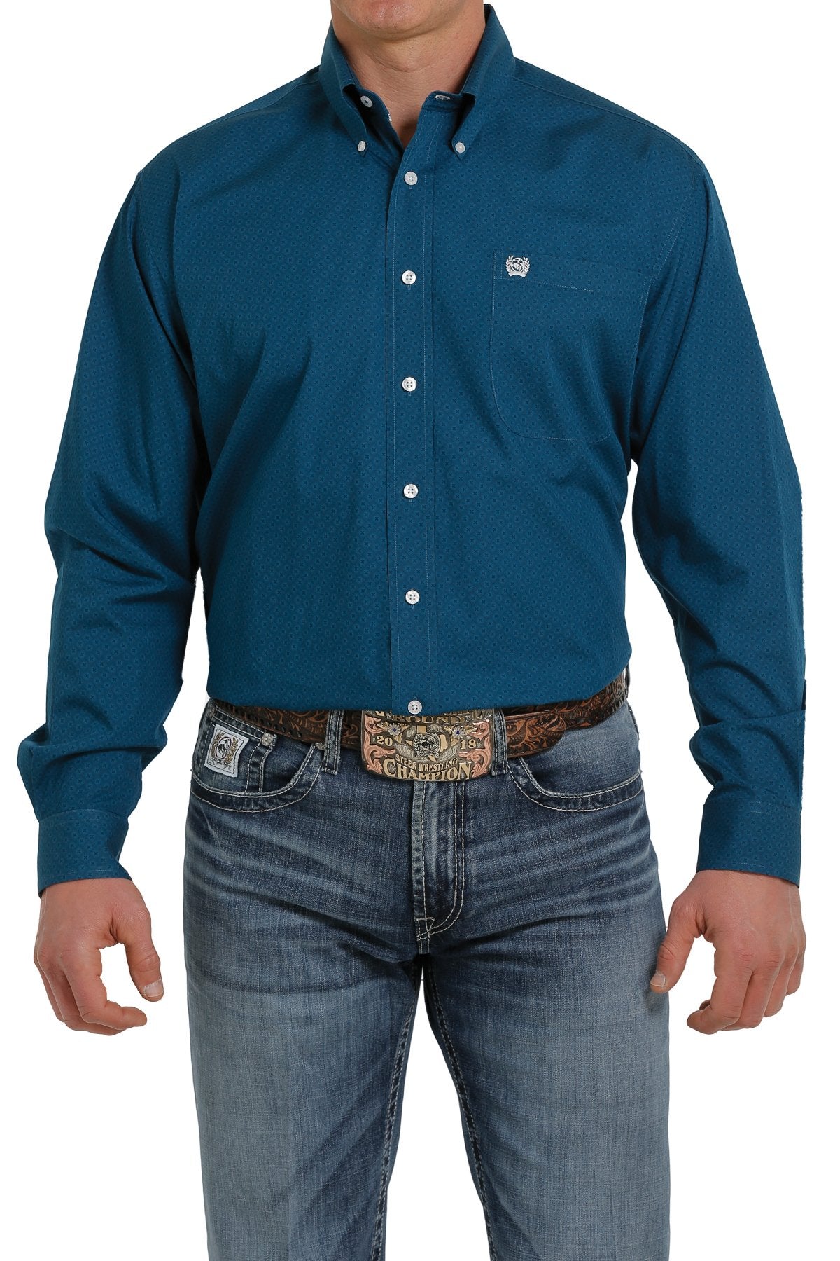 CINCH TEAL GEO CROSS PRINT LONG SLEEVE SHIRT