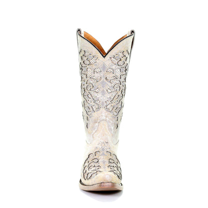 CORRAL TEEN WHITE GLITTER INLAY & EMBROIDERED SNIP TOE BOOT