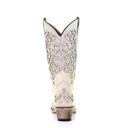 CORRAL TEEN WHITE GLITTER INLAY & EMBROIDERED SNIP TOE BOOT