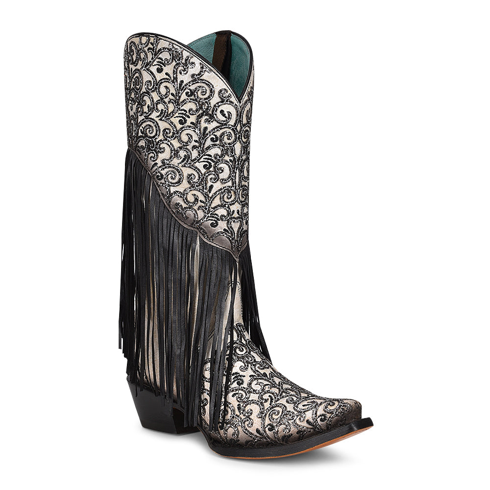 CORRAL WHITE/BLACK LAMB OVERLAY EMBROIDERED FRINGE BOOT
