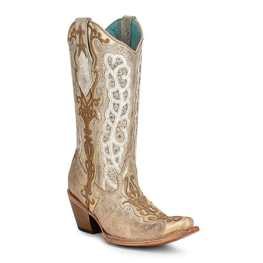 Corral Ladies Gold/Bone Embroidered Studded Rhinestone Boot